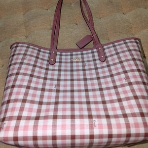 Coach Pink and Brown Checkered Reversible Tote.
